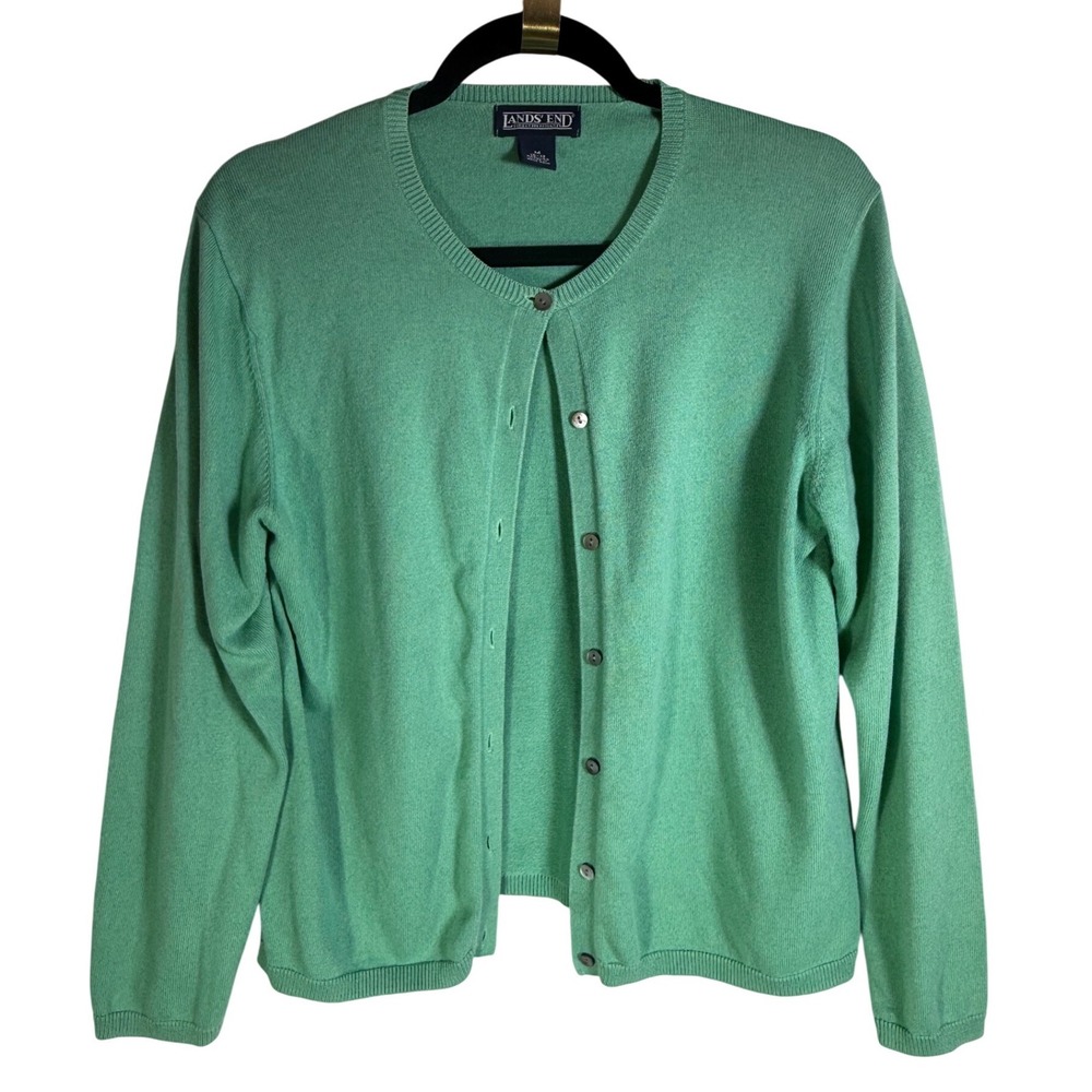 Lands End Womens Green 100% Cotton Button Front Crew Neck Cardigan Sweater Sz M